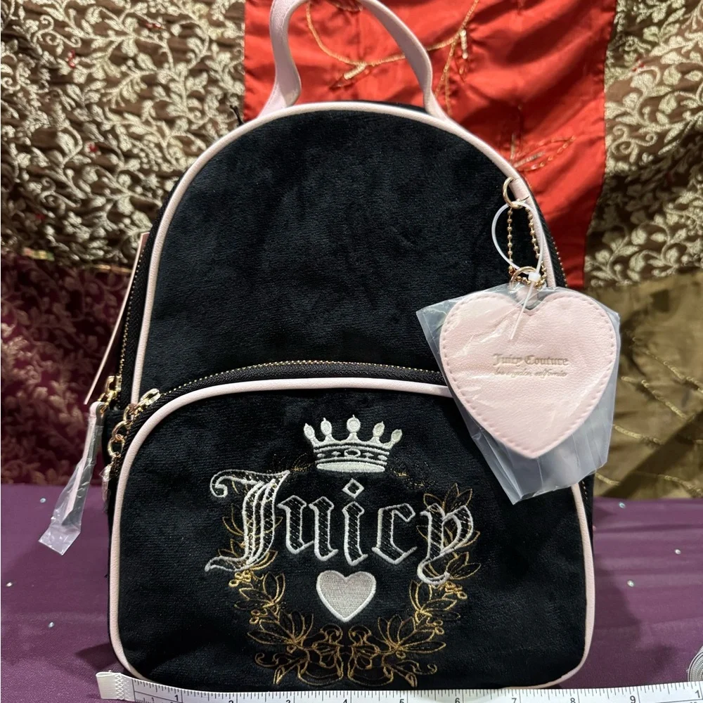 Juicy Couture Black and Light Pink Velvet Mini Backpack with Heart Charm - Picture 2 of 11